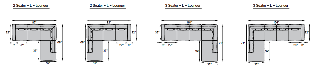 2 seater + L + Lounger, 3 seater + L + Lounger