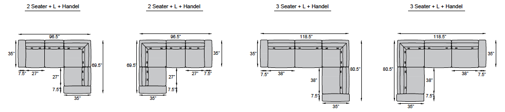 2 seater + L + Handle, 3 seater + L + Handle