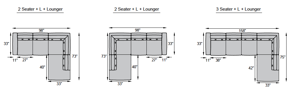 2 seater + L + Lounger, 3 seater + L + Lounger