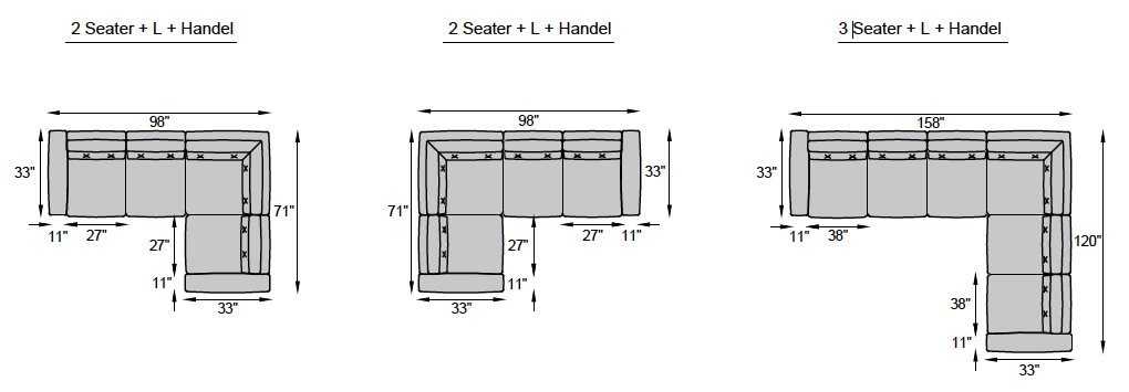 2 seater + L + Handle, 3 seater + L + Handle