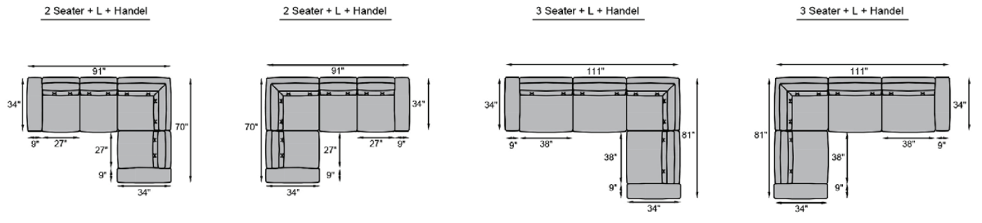 2 seater + L + Handle, 3 seater + L + Handle